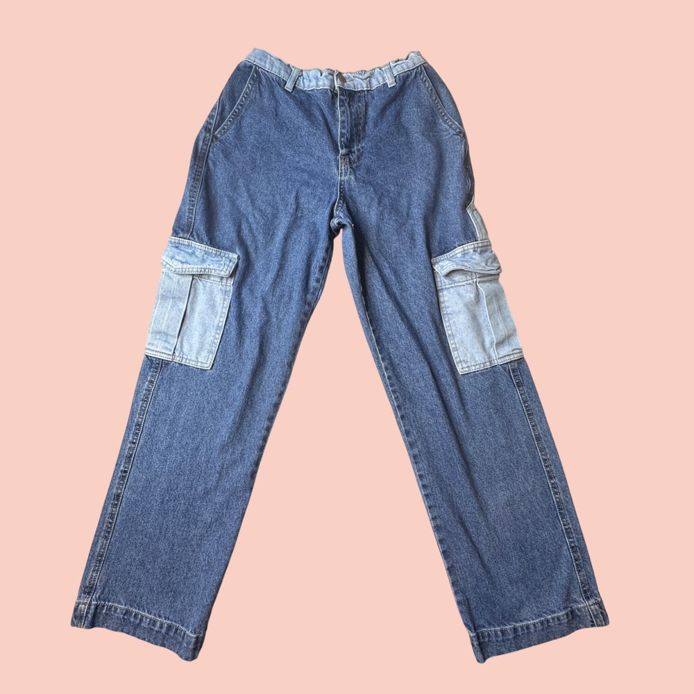 Forever 21 Jeans Womens S Blue Two-Tone Cargo Straight Leg High Rise Colorblock